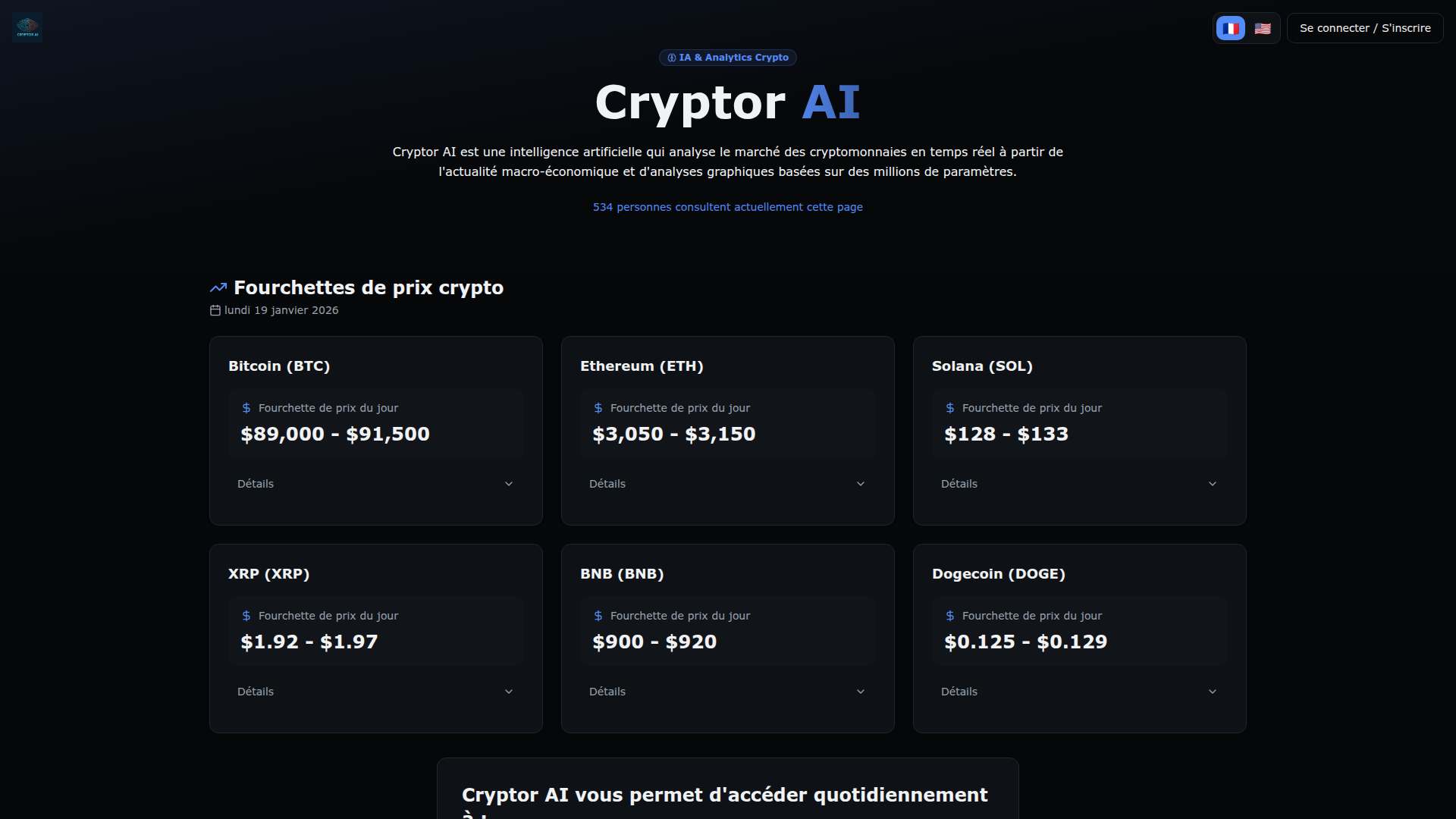 Cryptor AI - Site de prévisions et de stratégie d'investissement en cryptomonnaie